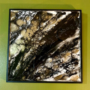 12x12 Original Abstract Art | Handmade Resin on Wood | Black White Metallic Gold